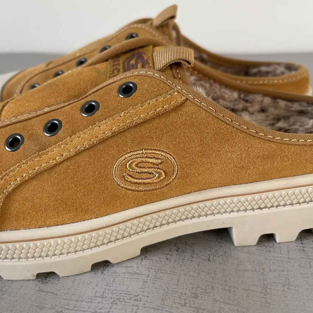 Skechers Suede Cozy Lug Sole Mule Sneakers Yellow Womens‎ 7.5 Slip On Shoes